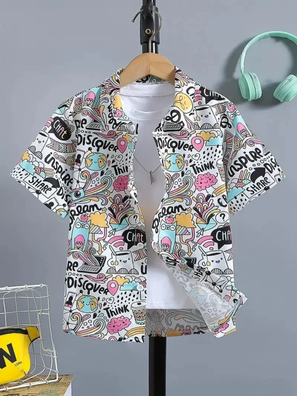 Men's Shirt Tops, Cute Graffiti Print, Lapel Bowling Shirt Short Sleeve Casual Summer Hawaiian Shirt Single Breasted Shirt Daily 2