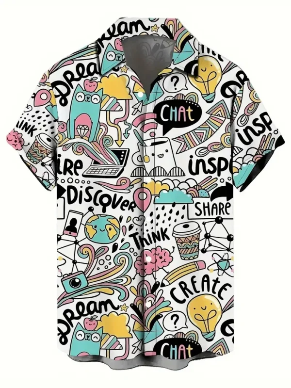 Men's Shirt Tops, Cute Graffiti Print, Lapel Bowling Shirt Short Sleeve Casual Summer Hawaiian Shirt Single Breasted Shirt Daily 3