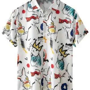 Men's Shirt Tops, Cute Graffiti Print, Lapel Bowling Shirt Short Sleeve Casual Summer Hawaiian Shirt Single Breasted Shirt Daily 1