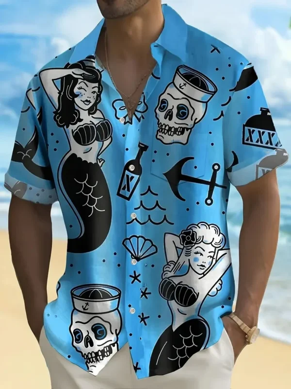 Men's Shirt Tops, Cute Graffiti Print, Lapel Bowling Shirt Short Sleeve Casual Summer Hawaiian Shirt Single Breasted Shirt Daily 5
