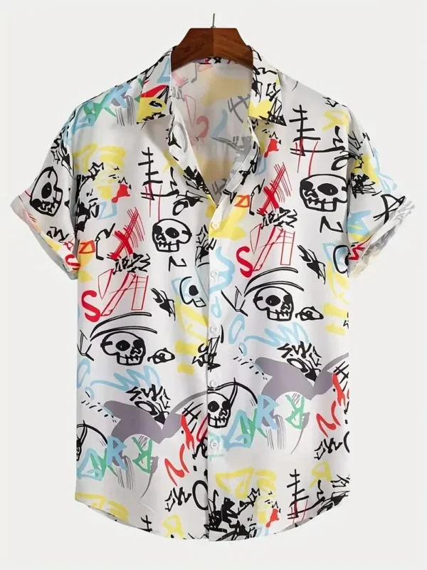 Men's Shirt Tops, Cute Graffiti Print, Lapel Bowling Shirt Short Sleeve Casual Summer Hawaiian Shirt Single Breasted Shirt Daily 4